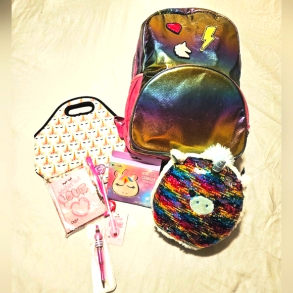 Cat & Jack Other - 8 pc Metallic Rainbow Backpack Unicorn Heart Bundle